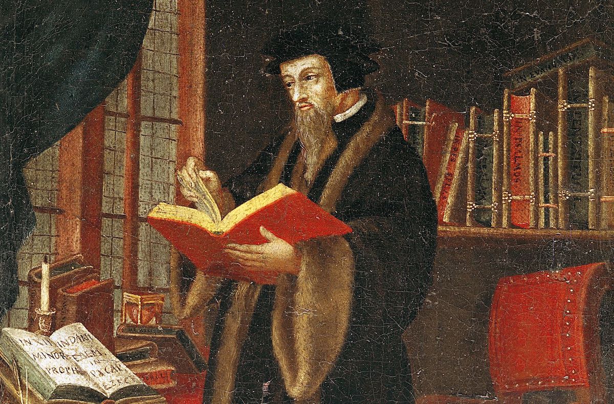 A painting of John Calvin holding a book